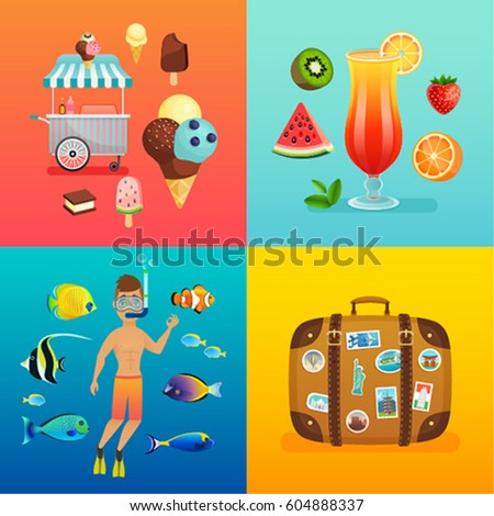 Summer set with ice cream, cocktails, suitcase, snorkeling and tropical fish.