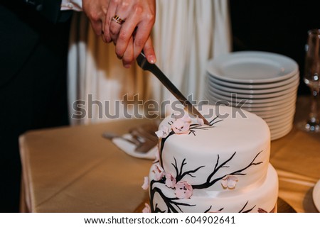 Stylish bride and groom in the restaurant cutting cake
