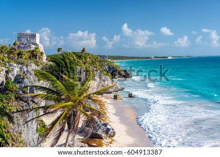 Ruins of Tulum, Mexico and a palm tree overlooking the Caribbean Sea in the Riviera Maya Royalty-Free Stock Photo #604913387