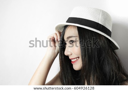 Attractive smiling asian woman beauty on white background