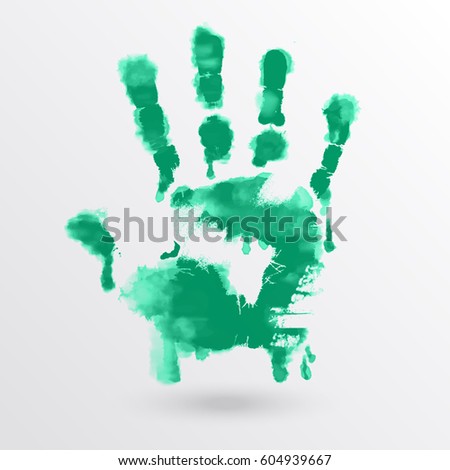 Vector ink paint human hand or handprint on white background. Painted hands, colorful fun. Creative, funny and artistic illustration.