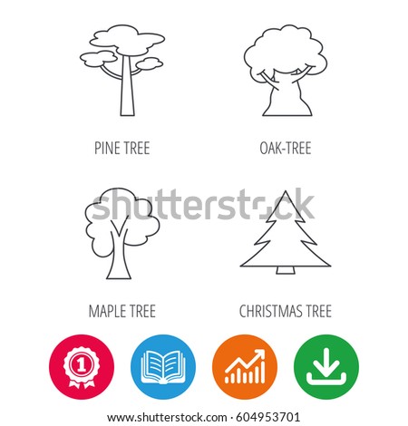 Pine tree, maple and oak-tree icons. Forest trees linear signs. Award medal, growth chart and opened book web icons. Download arrow. Vector