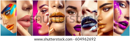 High Fashion model make up collage. Beauty makeup artist ideas. Colorful lips, eyes, eyeshadows and nail art. Beautiful women parts of face. Vivid bright make-up, lipstick, nailpolish for party. Royalty-Free Stock Photo #604962692