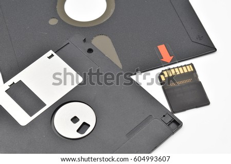 A vintage 5¼-inch and 3½-inch floppy disk and a modern memory card. Old and modern technology on white background.