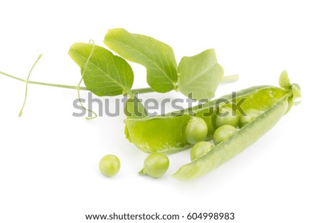 Fresh green peas with leaves isolated on white background closeup