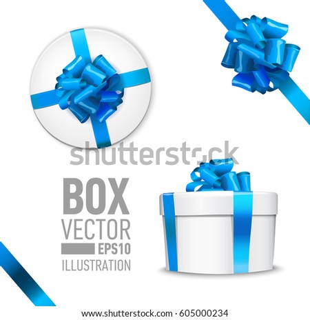 white round gift box with shiny blue beautiful curly bow and ribbon. Top view, side view. Isolated on blue Background