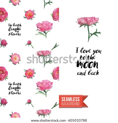 Hand drawn illustrated embroidery floral greeting card. Seamless pattern background with stitched peony or rose flowers on one side. On another inscription: i love you to the moon and back.