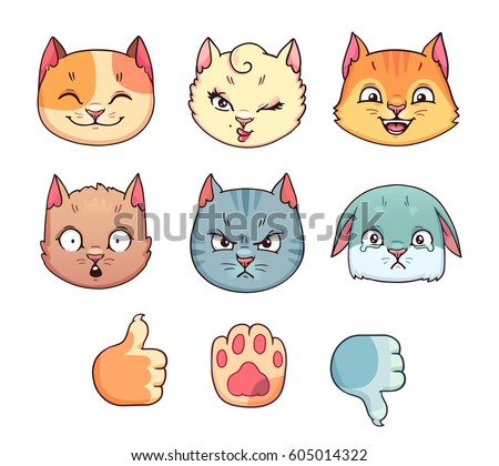 Set of cartoon cat faces with different emotions in vector. Hand drawn collection of comic feline emoji and paw gestures on white background.