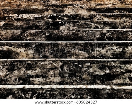 The old stairs for pattern texture abstract background. Is the stairs that view from top to below. Stain on stairs born from water that hold or rain. This subject is old that pass a long time.