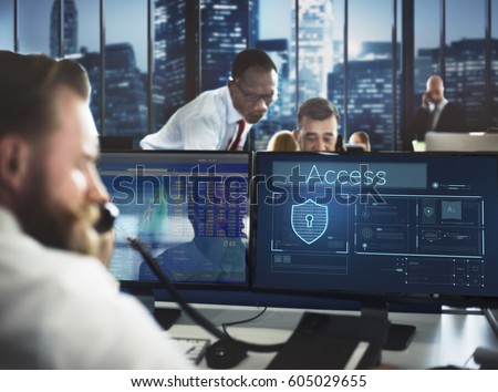 Workers working on computer network graphic overlay Royalty-Free Stock Photo #605029655