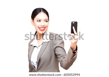 Businesswoman and phone on white isolate background