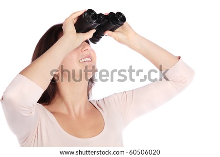 Attractive young woman using spyglasses. All isolated on white background.