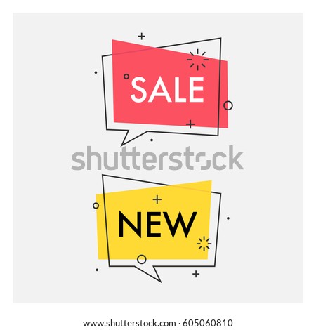 Set of trendy flat geometric vector bubbles. Vivid transparent banners in retro poster design style. Vintage colors and shapes. Red and yellow colors.