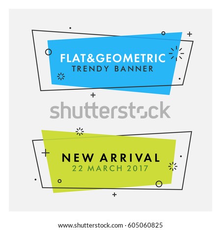 Set of trendy flat geometric vector banners. Vivid transparent banners in retro poster design style. Vintage colors and shapes. Green and blue banner design. Royalty-Free Stock Photo #605060825