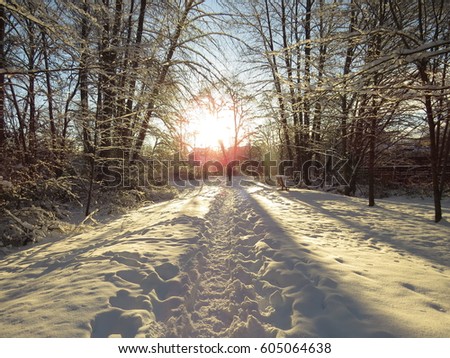 Snow silhouette with sun in the background 