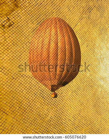 Retro style air balloon on golden pattern. Vintage toning travel background. Modern illustration picture for decoration apartments