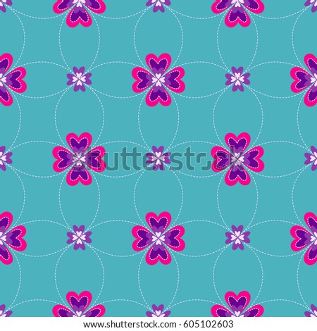 Abstract seamless girlish pattern on pink background with decorative flowers, hearts. Floral repeated backdrop for wrapping paper, girls. 