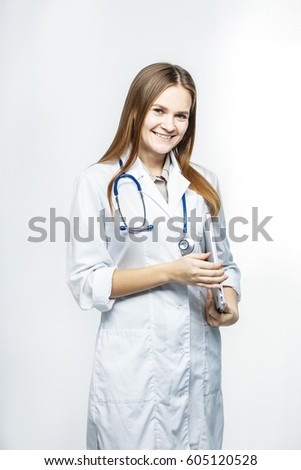  portrait - a family doctor with stethoscope on white background