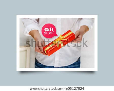 Male hands holding a gift box. Present wrapped with ribbon and bow. Gift for you speech bubble. Man in white shirt. Photo frame design with shadow.