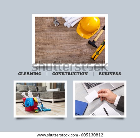 Cleaning supplies, business visiting card. Adjustable wrench, hammer and building level. Paper plans and helmet. Wood rustic background. House services.