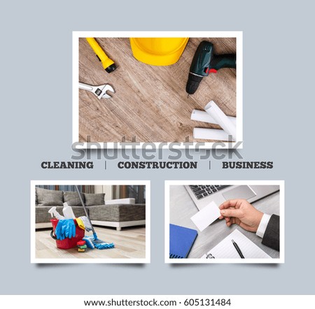 Cleaning supplies, business visiting card. Helmet, screwdriver and flashlight. Tape measure. Adjustable wrench and paper plans. Construction design. House services.