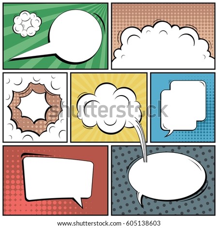 Abstract creative concept comic pop art style blank, layout template with clouds beams and isolated dots background. For sale banner, empty speech bubble set, vector illustration halftone book design