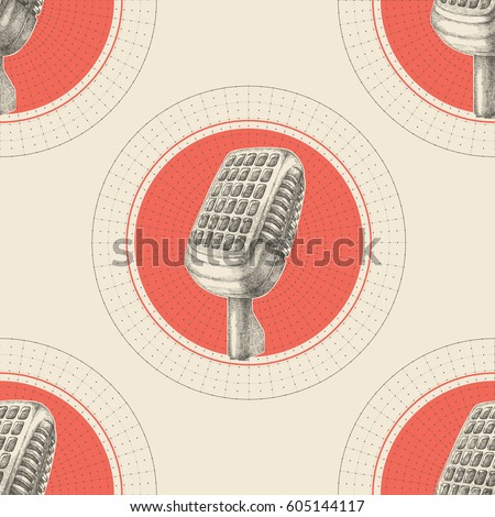 Retro microphone. Seamless pattern