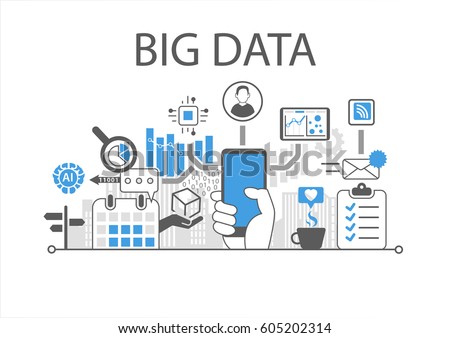 Big data infographic vector illustration with hand holding smartphone Royalty-Free Stock Photo #605202314