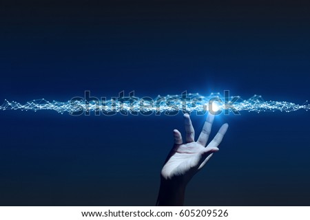 human hand and mesh network abstract, 3D rendering Royalty-Free Stock Photo #605209526