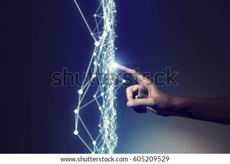 human hand and mesh network abstract, 3D rendering Royalty-Free Stock Photo #605209529