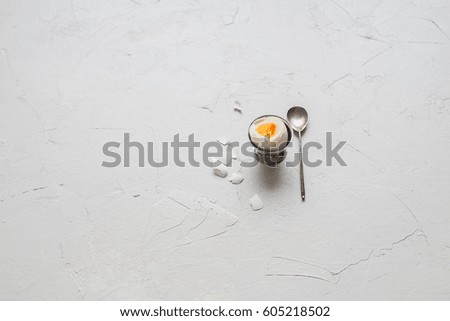 Served Table Boiled Egg Support Teaspoon Shell Top View Minimal Picture on Grey Vintage Table Background Minimalism Style
