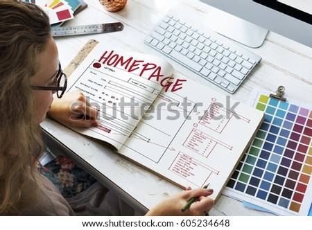 Woman working on notebook network graphic overlay