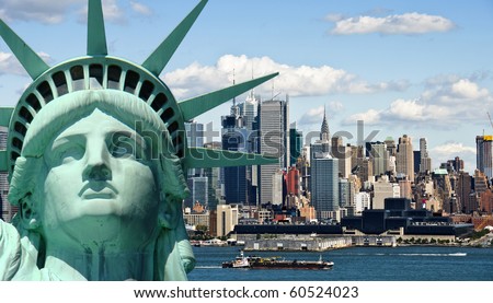 photo new york cityscape over the hudson river. new york skyline over Manhattan with new york statue of liberty landmark. new york midtown background america, usa.