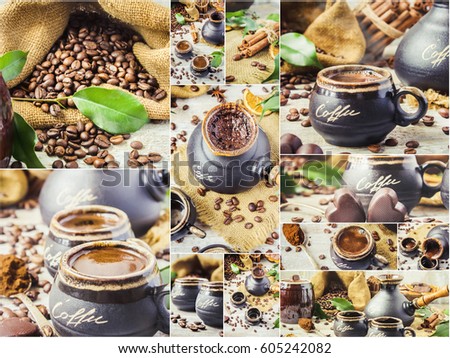 to brew coffee in Turku for Breakfast collage. selective focus.