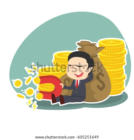 businessman beside money sack holding coin magnet