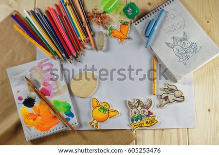 Process of creation handmade wooden toy for Easter day