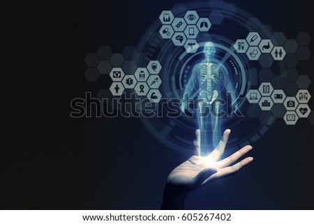 human hand and medical technology, 3D rendering Royalty-Free Stock Photo #605267402