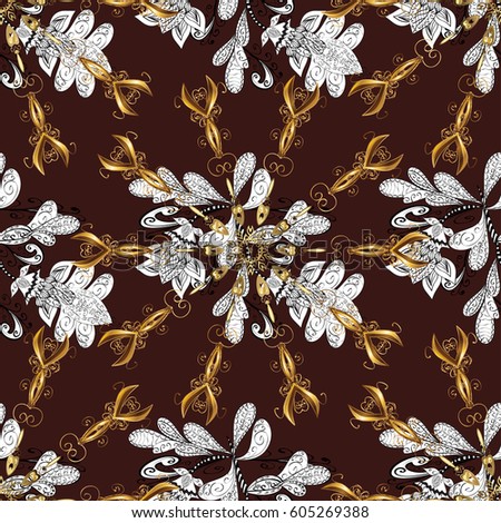Golden element on brown background. Damask background. Gold brown floral ornament in baroque style. Seamless pattern. 