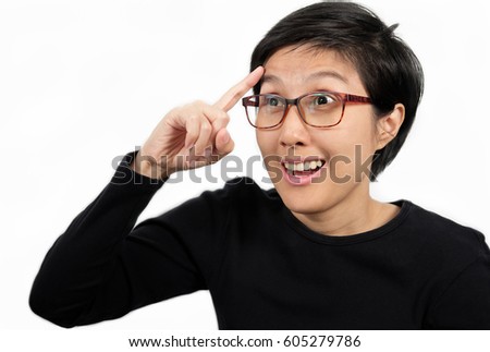 Woman wearing glasses thinking with her finger raised and have a happy expression isolated on white background.