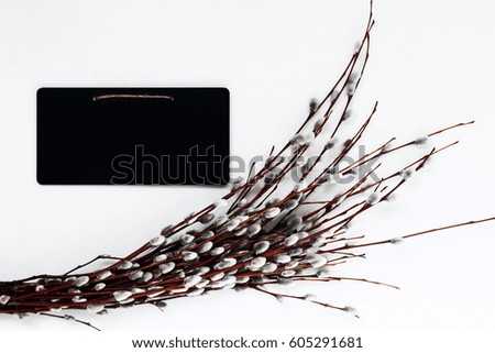 Branches and bouquet of willow and chalk board for records, isolated on white background.