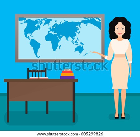 geography teacher,  young woman. vector illustration.