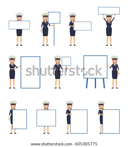Big set of female pilot characters posing with different blank banners. Cheerful airwoman holding paper, poster, placard, pointing to whiteboard. Teach, advertise, promote. Simple vector illustration
