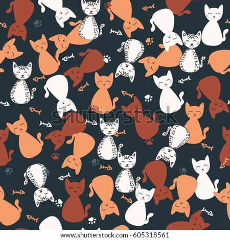 Vector Colorful Cats Seamless Pattern Background. Cute, hand drawn