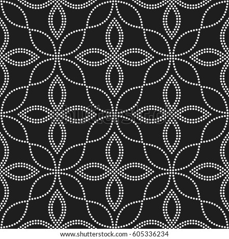 Tiled seamless geometric pattern of dotted petals and flowers. Floral trellis motif. Beads. Abstract black and white mosaic background. Vector illustration. Royalty-Free Stock Photo #605336234