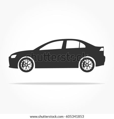 simple floating sedan car icon viewed from the side colored in flat black with detailed rims and drop shadow