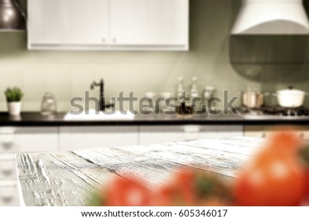 kitchen interior with free space on wooden desk for your decoration 