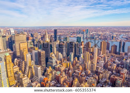 Aerial View of Manhattan Skyline at Sunset, New York City