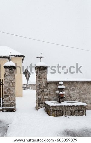 In the village during snowfall