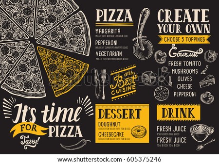 Pizza food menu for restaurant and cafe. Design template with hand-drawn graphic elements in doodle style. Royalty-Free Stock Photo #605375246