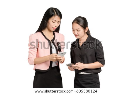 portrait of beautiful asian business woman exchange information by smart phone. Isolated on white background with copy space and clipping path